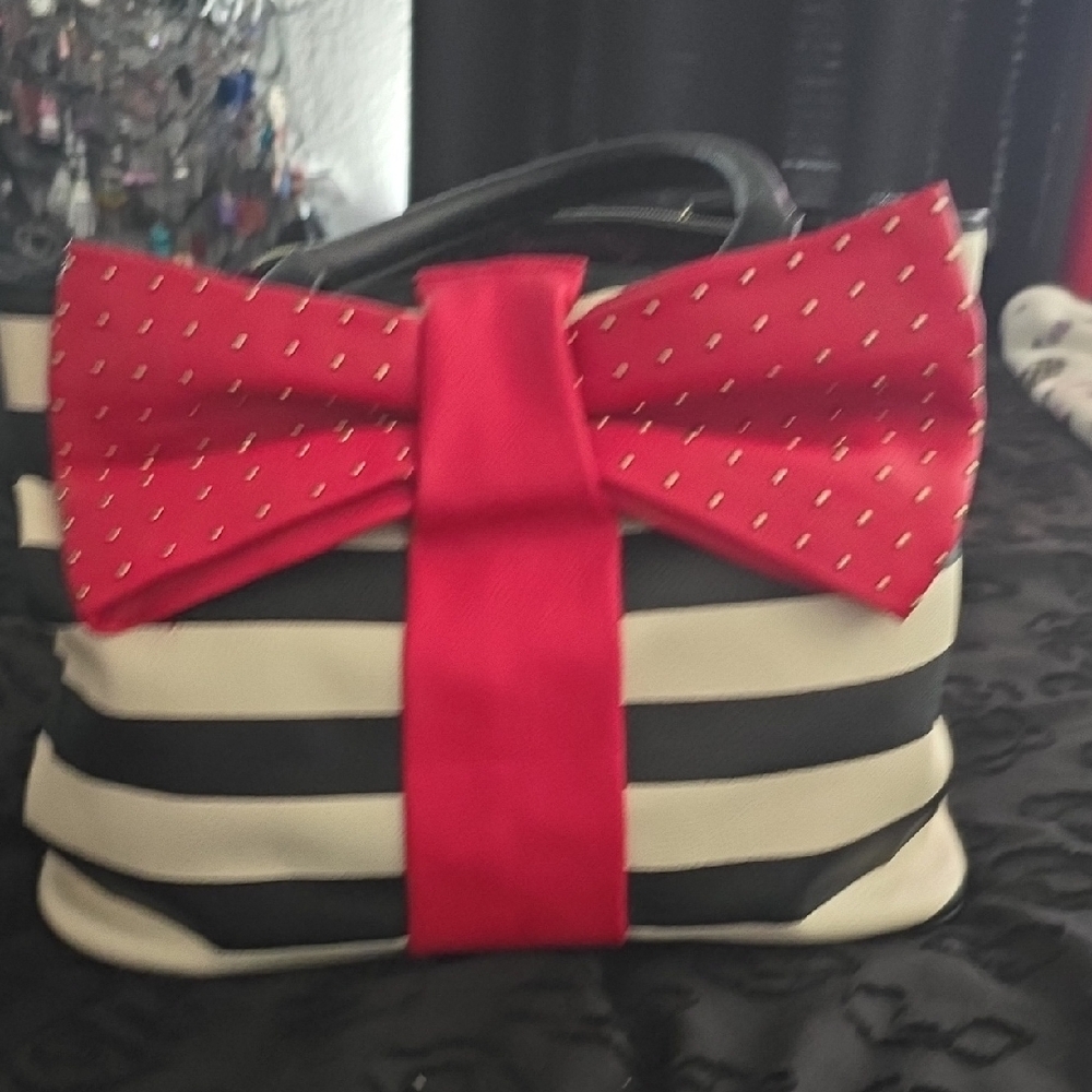 Betsey Johnson Black and White Striped Shoulder Bag with Red Bow